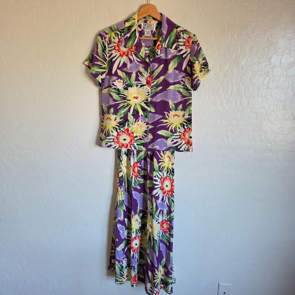 Vintage Avanti Authentic Hawaii 100% Silk Slip Dress & Layering Top Set Purple M